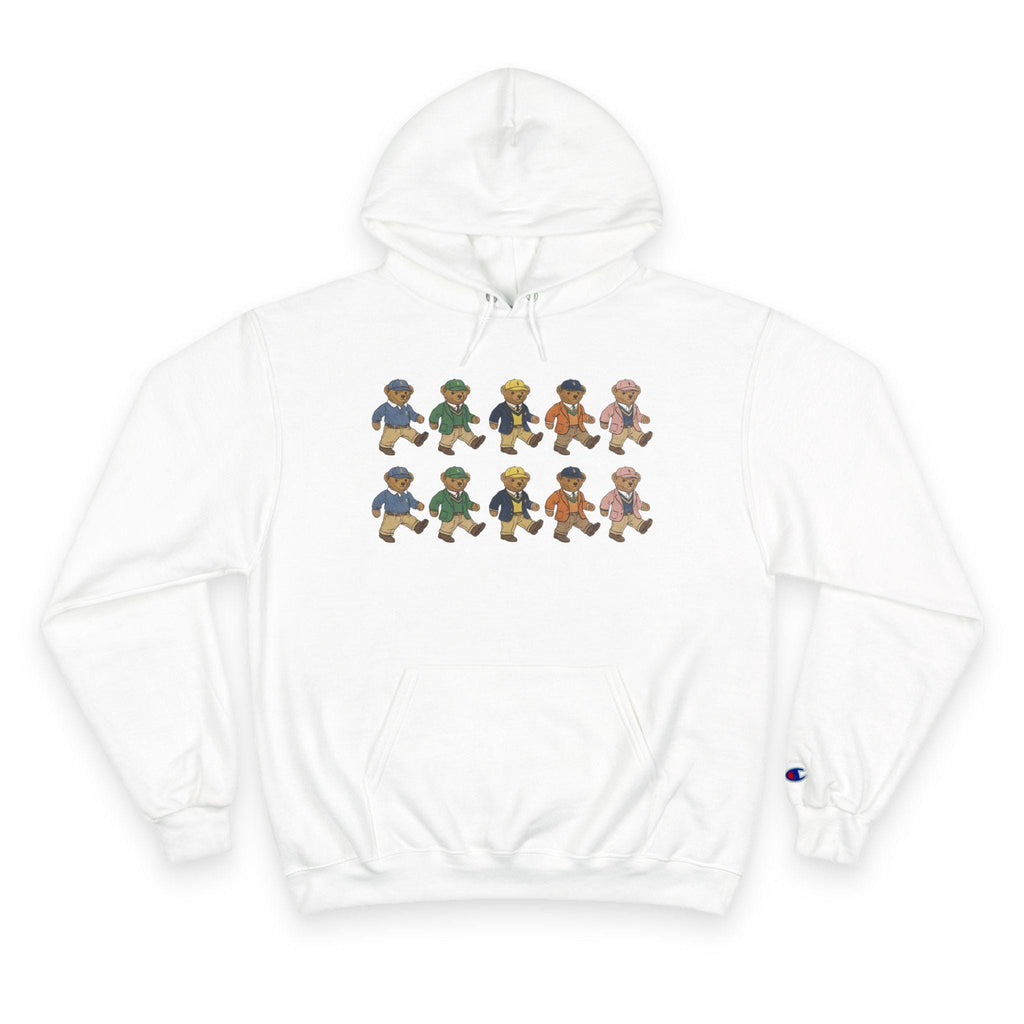 White hoodie with bear character graphic and kangaroo pocket