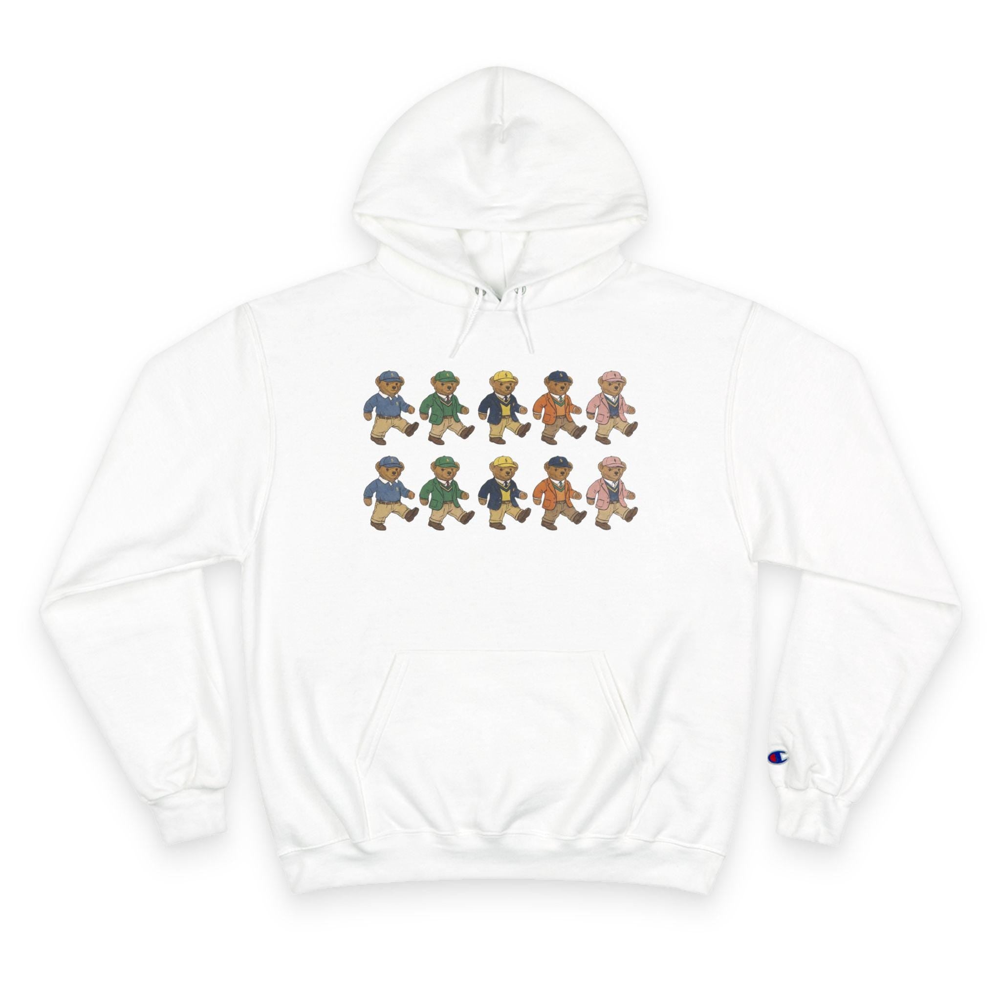 White hoodie with bear character graphic and kangaroo pocket