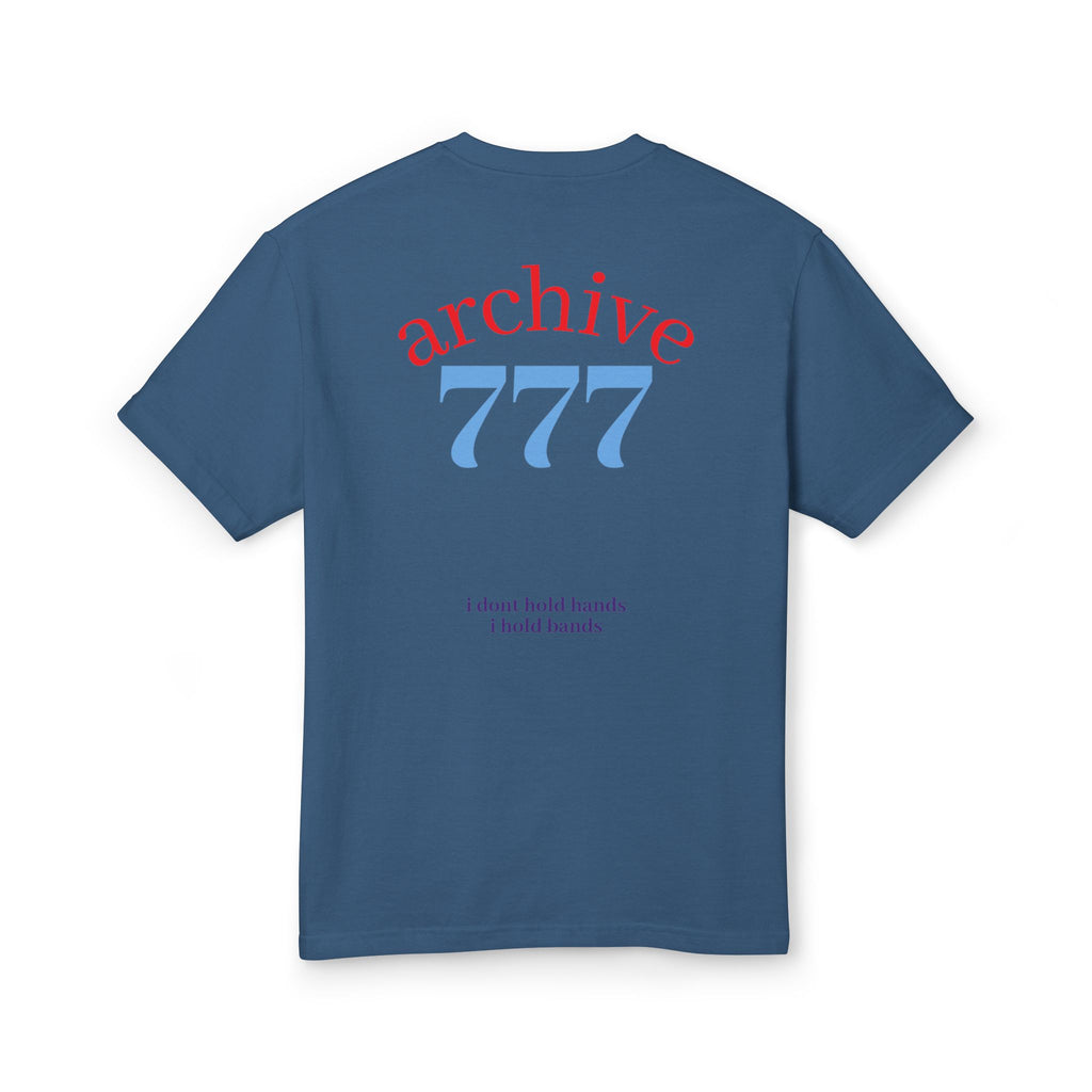 Blue crewneck graphic tee with “archive 777” and small text on back