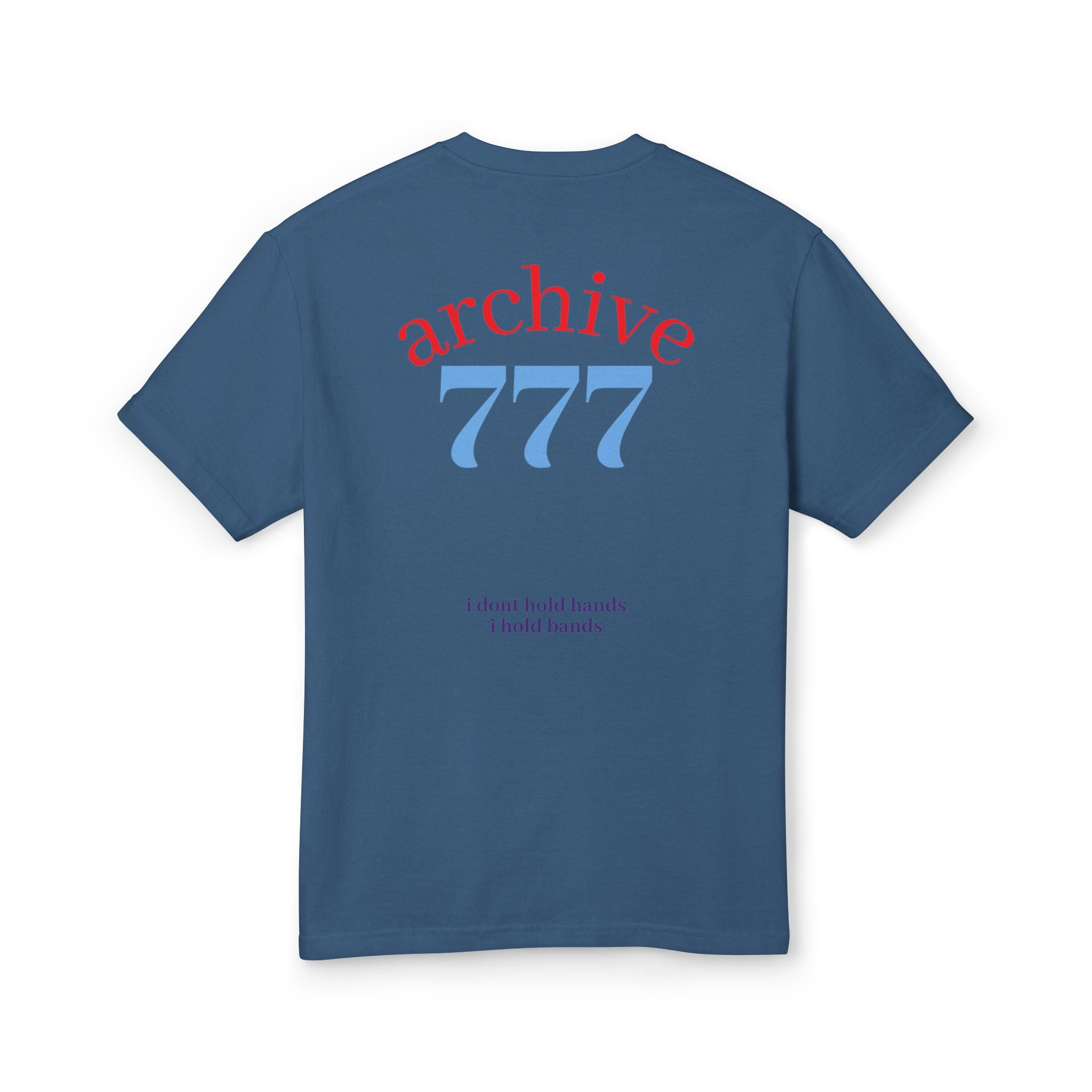 Blue crewneck graphic tee with “archive 777” and small text on back