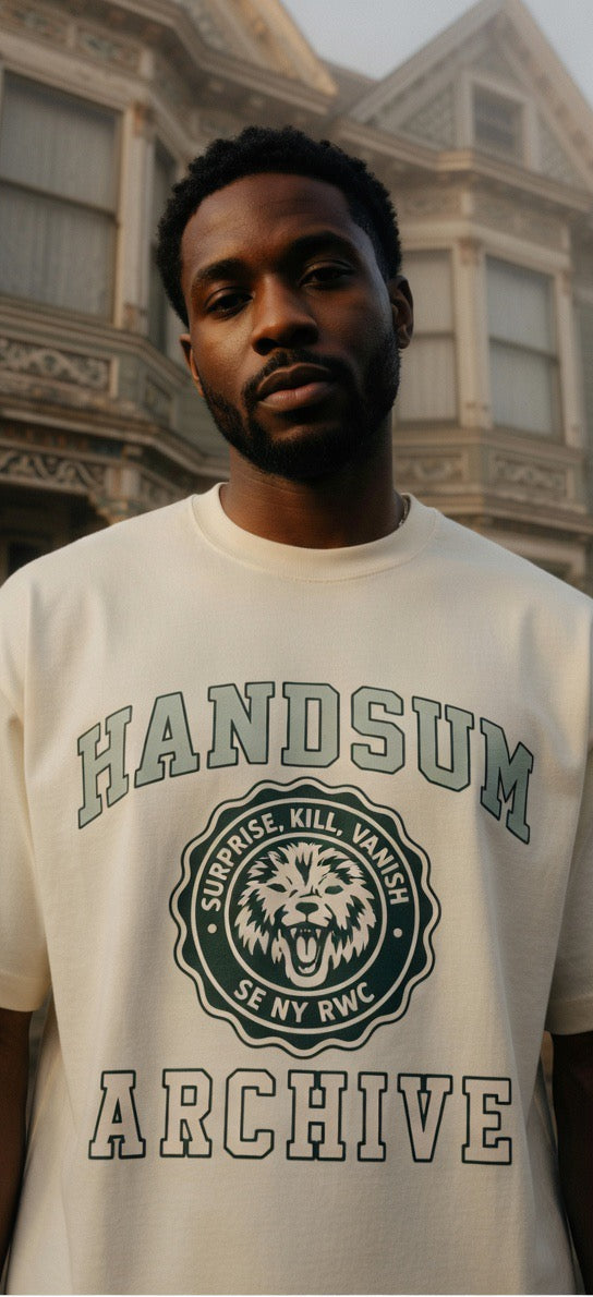 Cream graphic T-shirt with “HANDSUM ARCHIVE” logo on the front.
