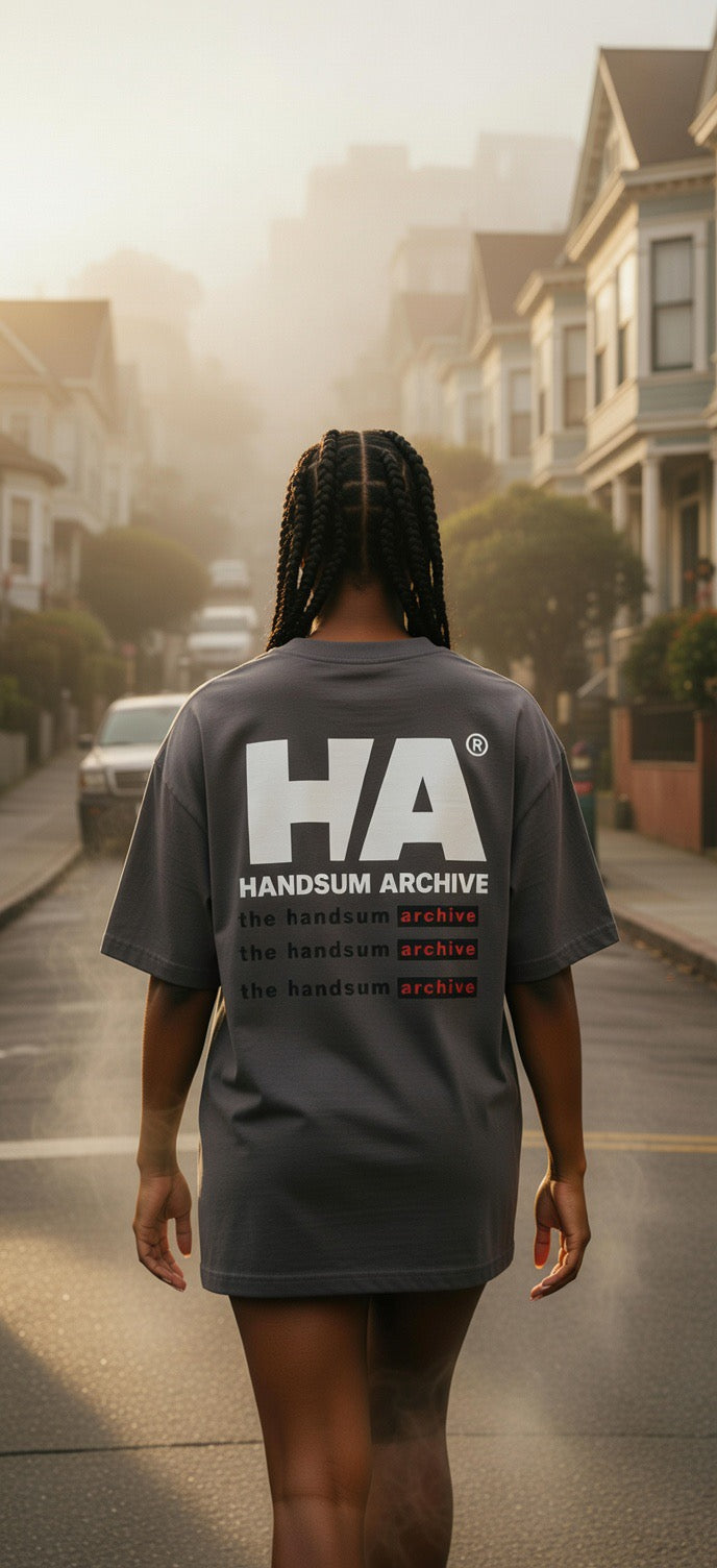 Dark gang tee with large back print reading "HA" and "HANDSUM ARCHIVE"