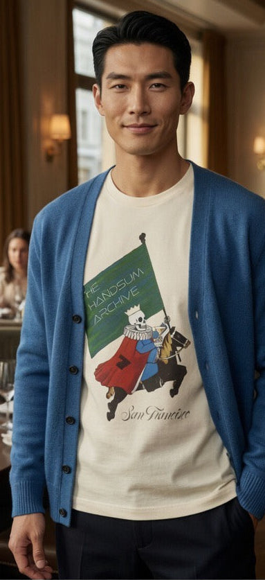 Cream crewneck tee with colorful knight graphic on the front.
