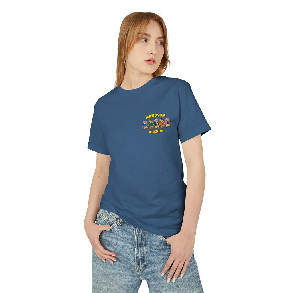 Dark blue cotton T-shirt with small front chest graphic, crew neck on model