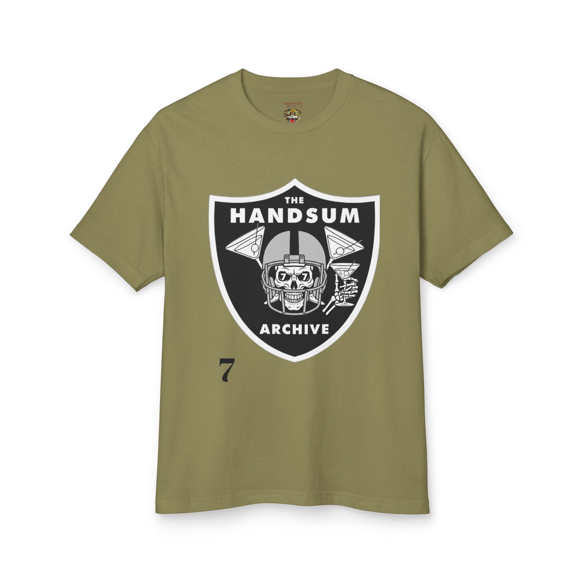 Army green crewneck T-shirt with “Handsum Archive” shield logo and small “7”