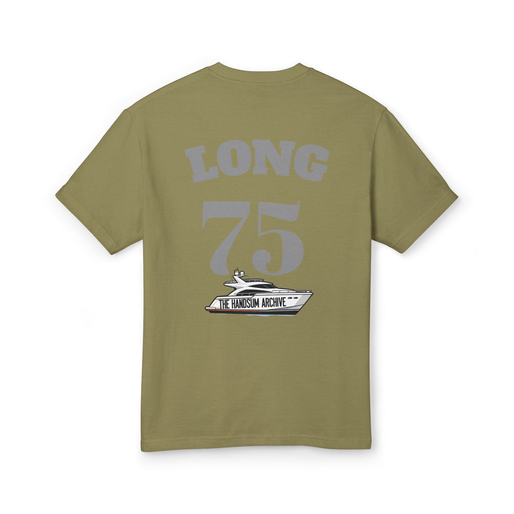 Faded army green T-shirt with "LONG 75" back print graphic