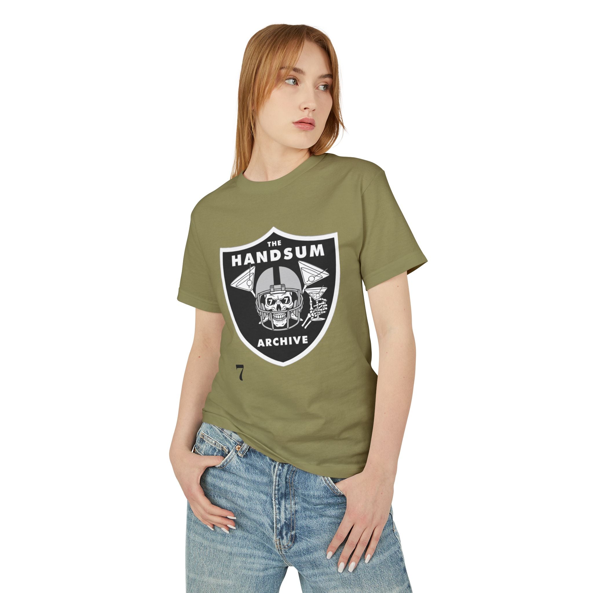 Olive cotton T-shirt with Handsum Archive shield skull front print, crew neck