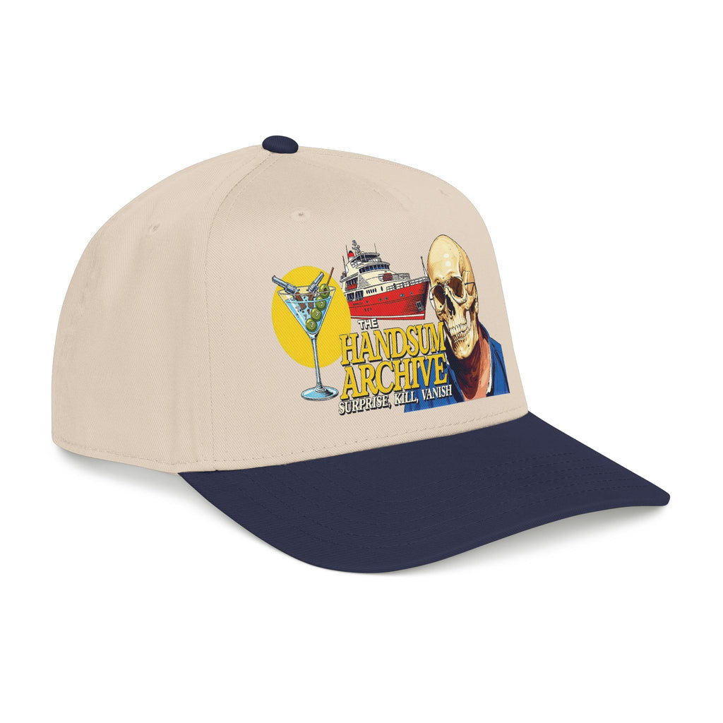 Natural baseball cap with navy brim and colorful skull graphic