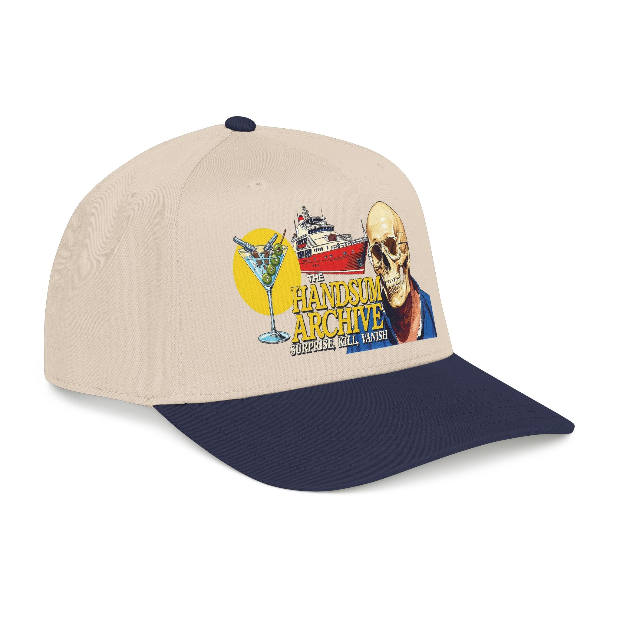 Natural baseball cap with navy brim and colorful skull graphic