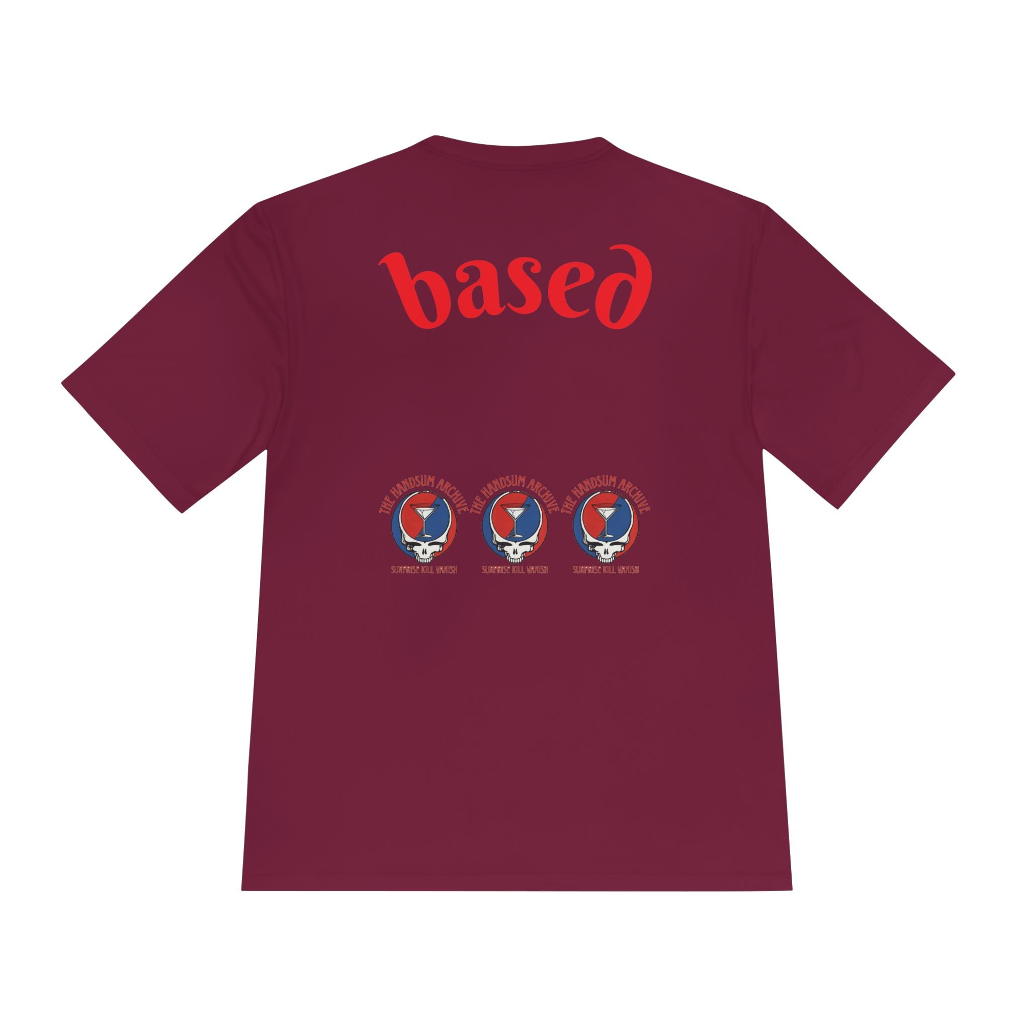 Moisture-wicking tee, burgundy with large back 'based' graphic and three logo emblems