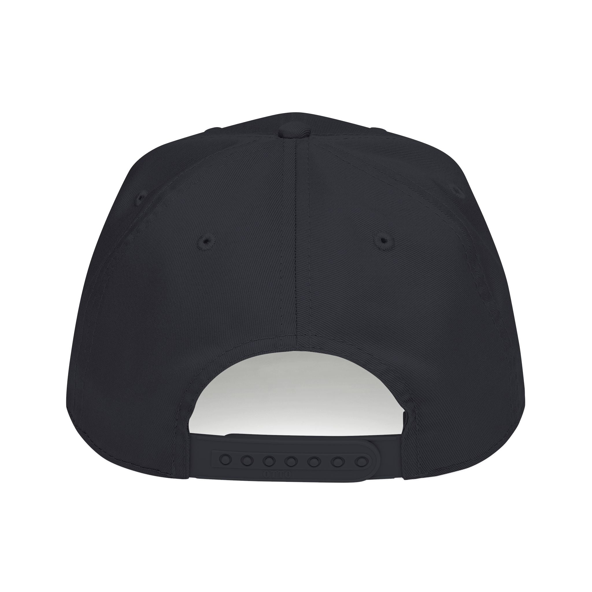 Black baseball cap with curved brim and adjustable strap