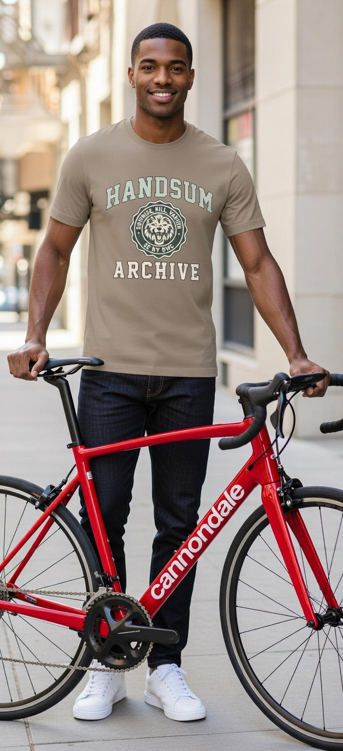 Khaki graphic T-shirt with “HANDSUM ARCHIVE” logo on the front.