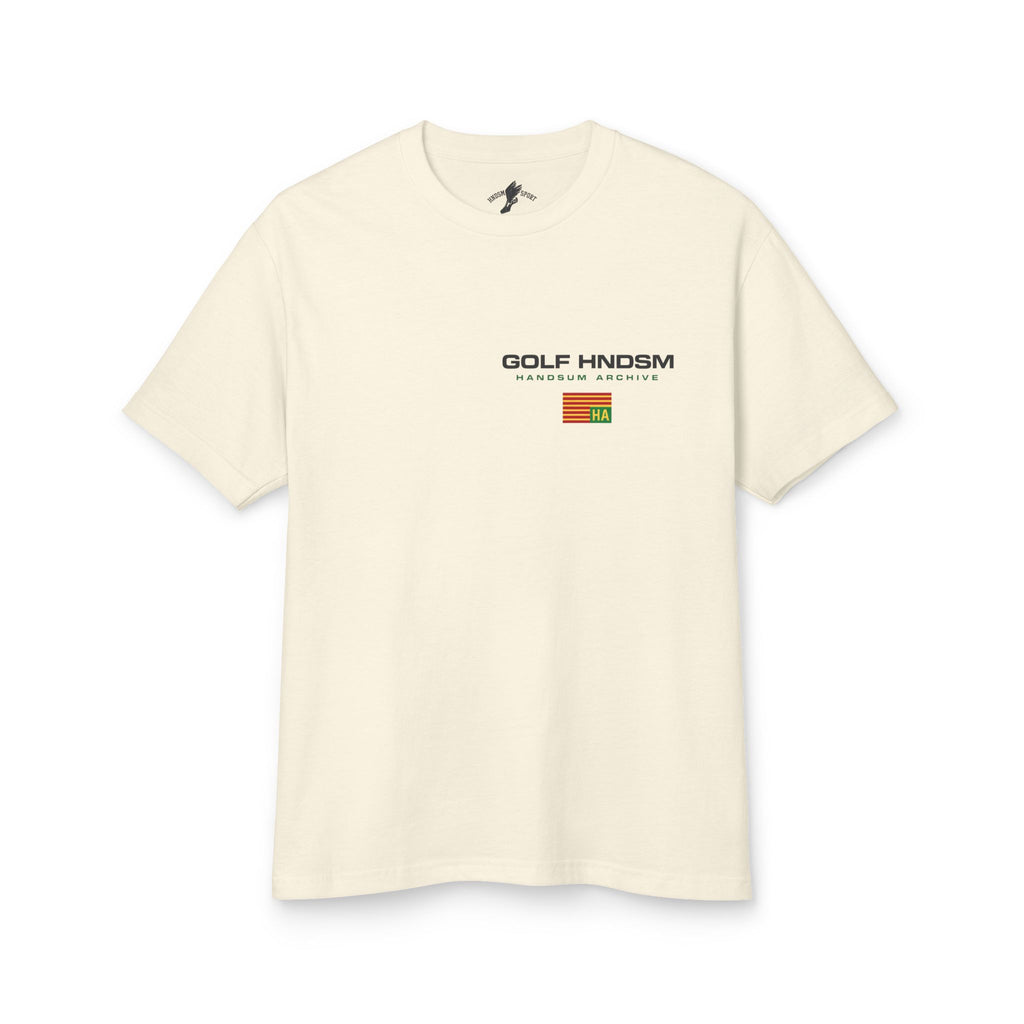 Cream crew-neck cotton tee with small front logo and graphic emblem