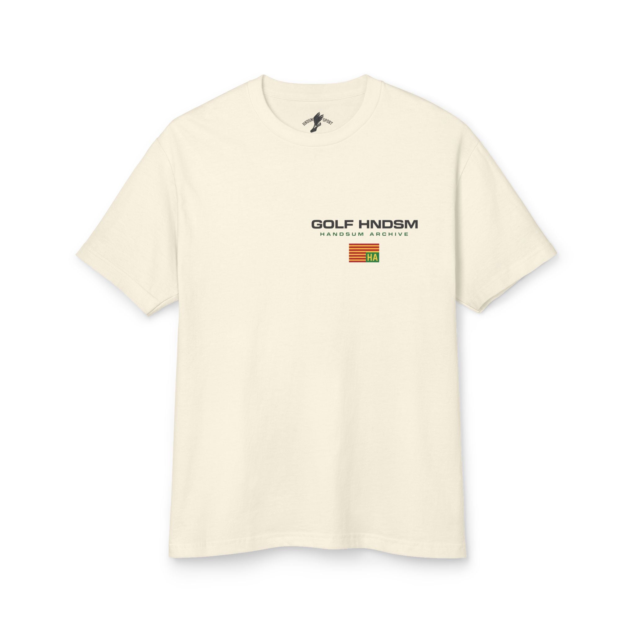Cream crew-neck cotton tee with small front logo and graphic emblem