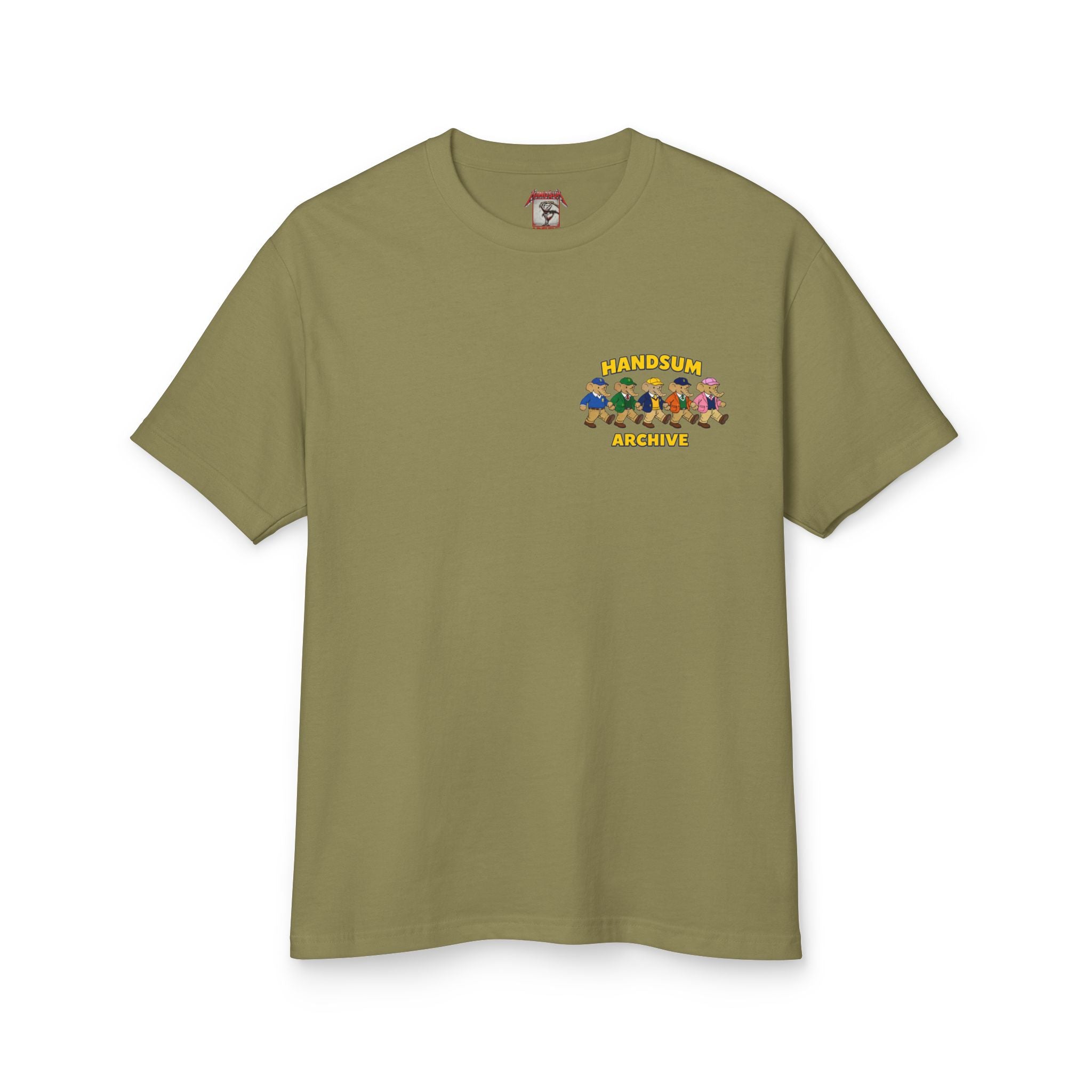 Olive Liberty Style tee with small chest logo graphic and crew neck