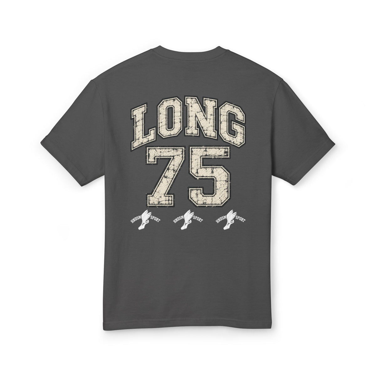 Dark gray crewneck T-shirt with 'LONG 75' back graphic and small boot icons