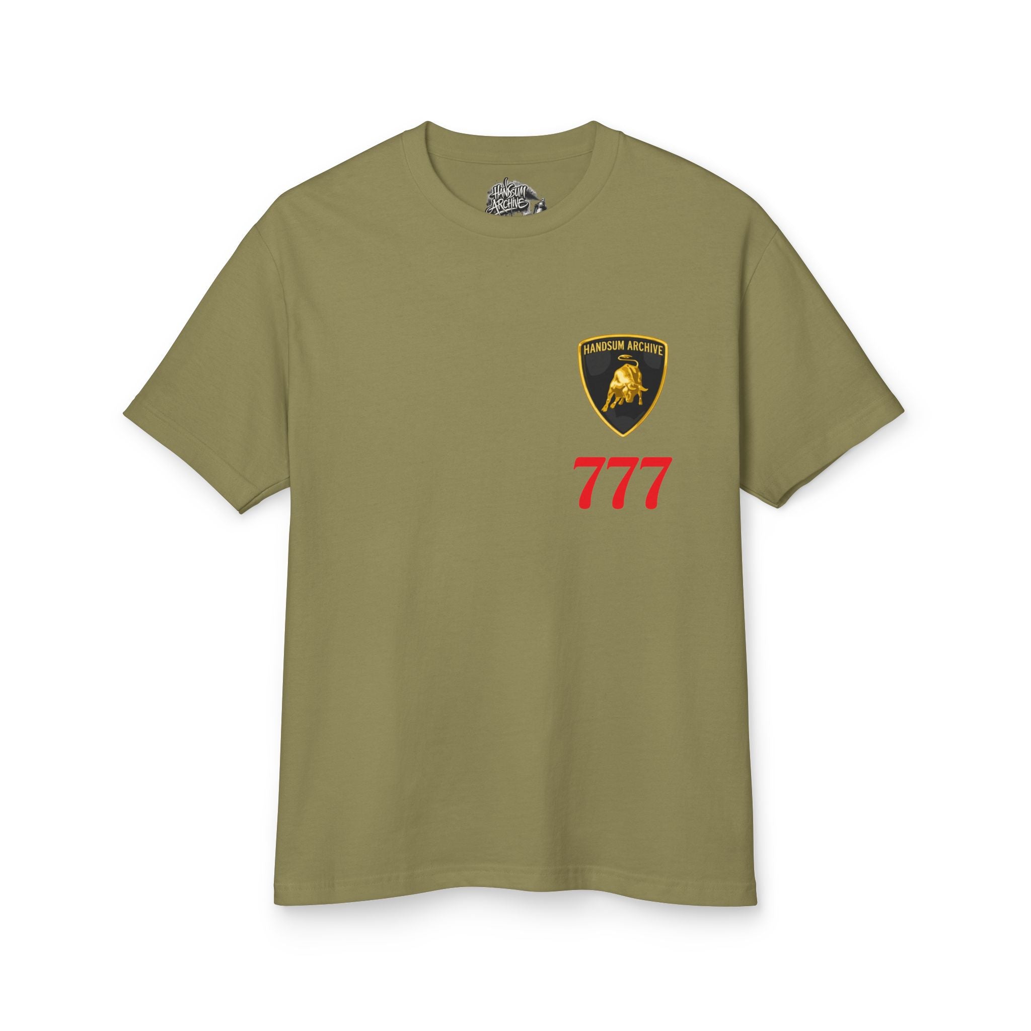Olive crewneck T-shirt with shield logo and red 777 on front
