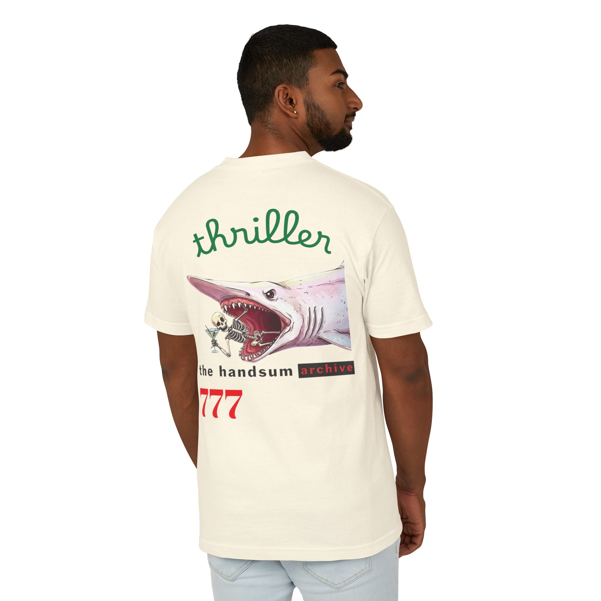Cream T-shirt back with shark graphic, handsum archive text, and 777