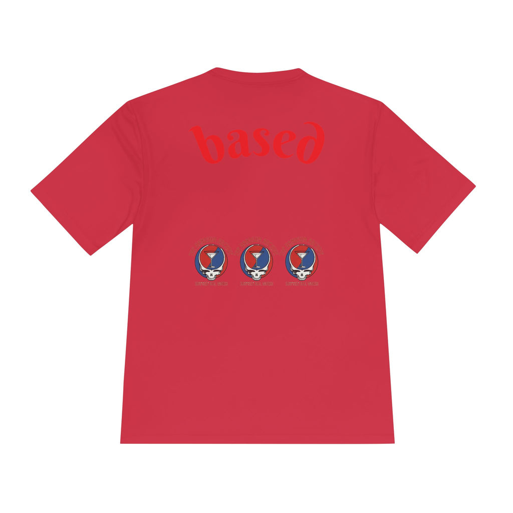 True Red moisture-wicking tee back with 'based' text and three logo icons.
