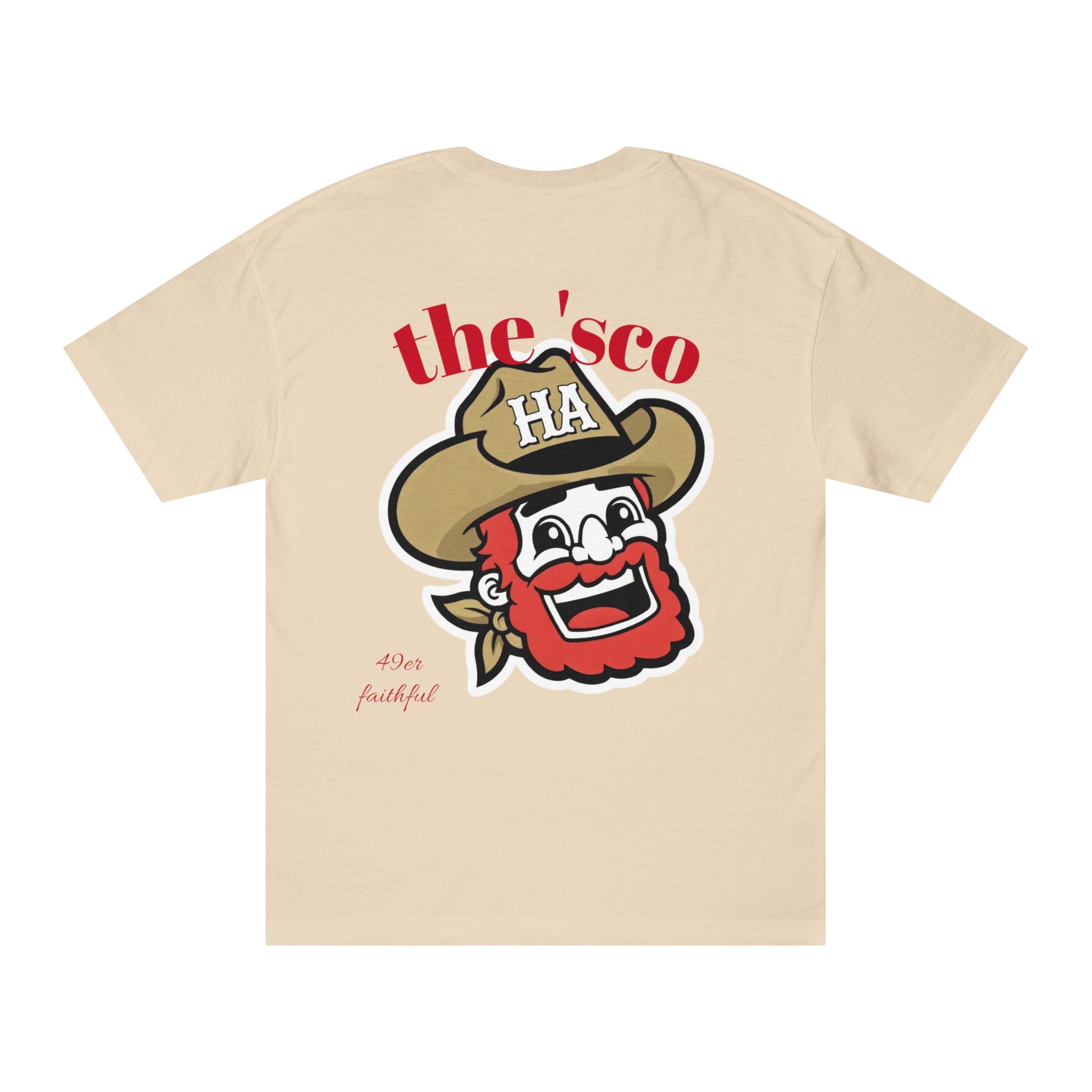 Sand crewneck T-shirt with red "the'sco" text and cartoon mascot graphic on back