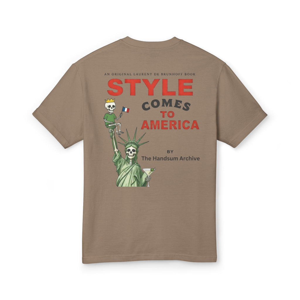 Brown graphic T-shirt with Statue of Liberty-style back print
