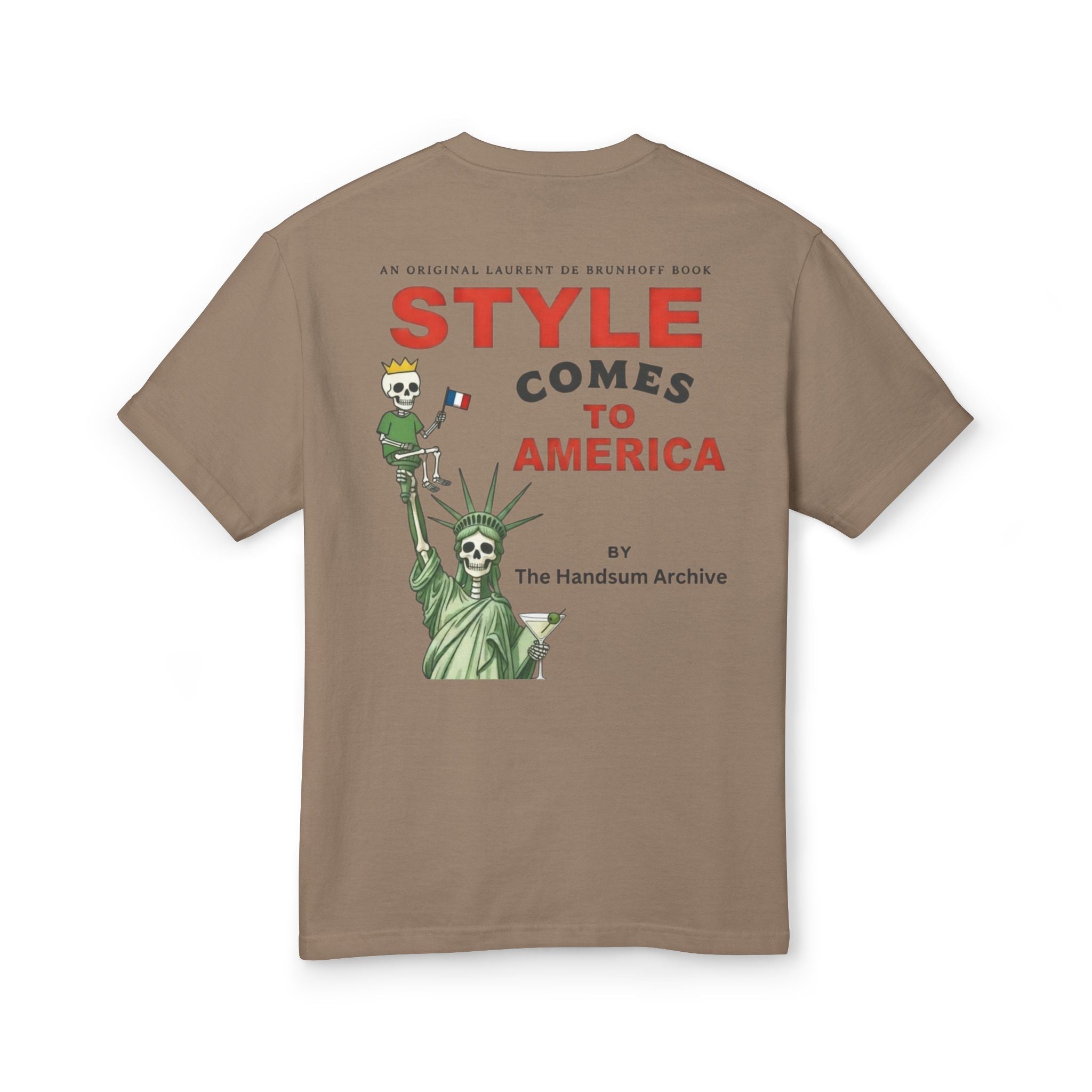 Brown graphic T-shirt with Statue of Liberty-style back print