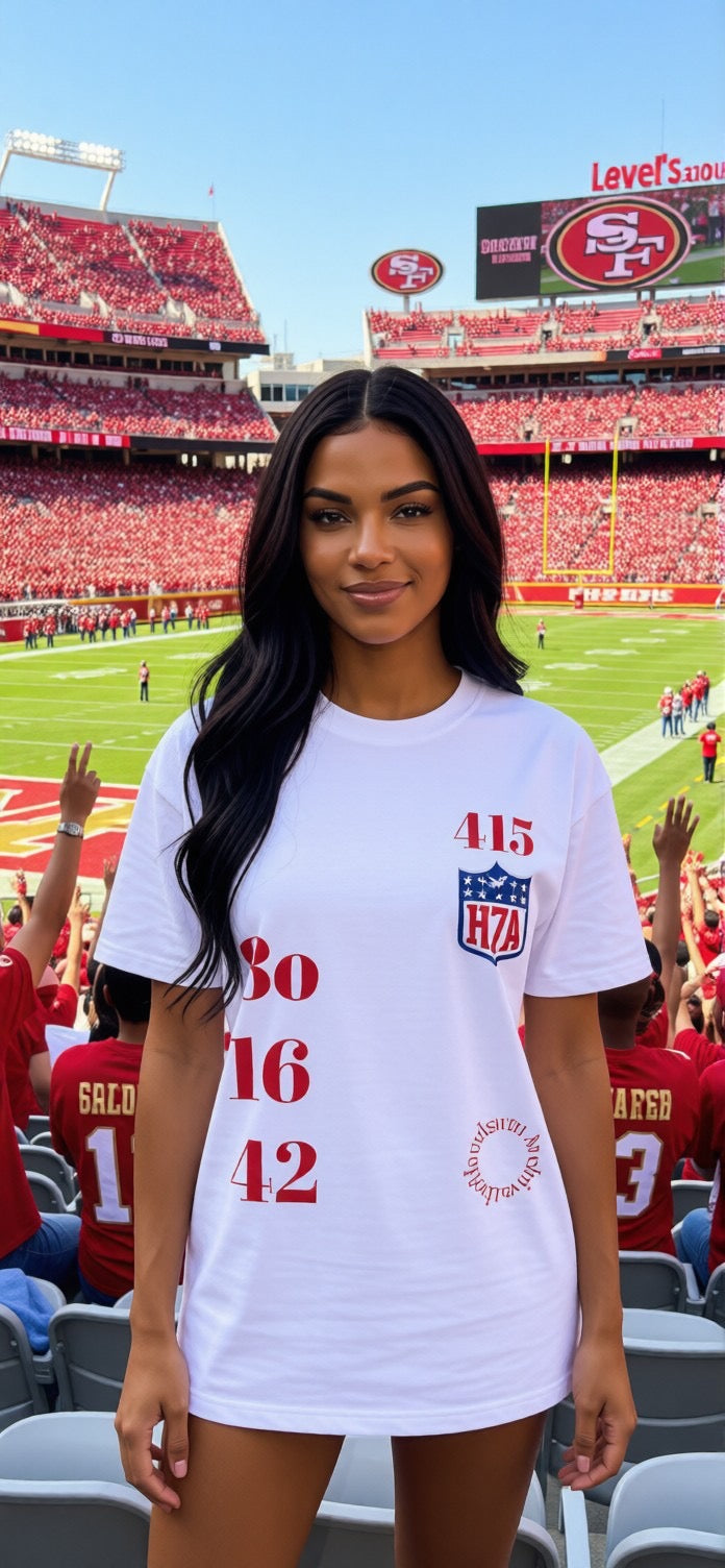 Handsum 49ers Faithful white T-shirt with red and blue front crest and numbers