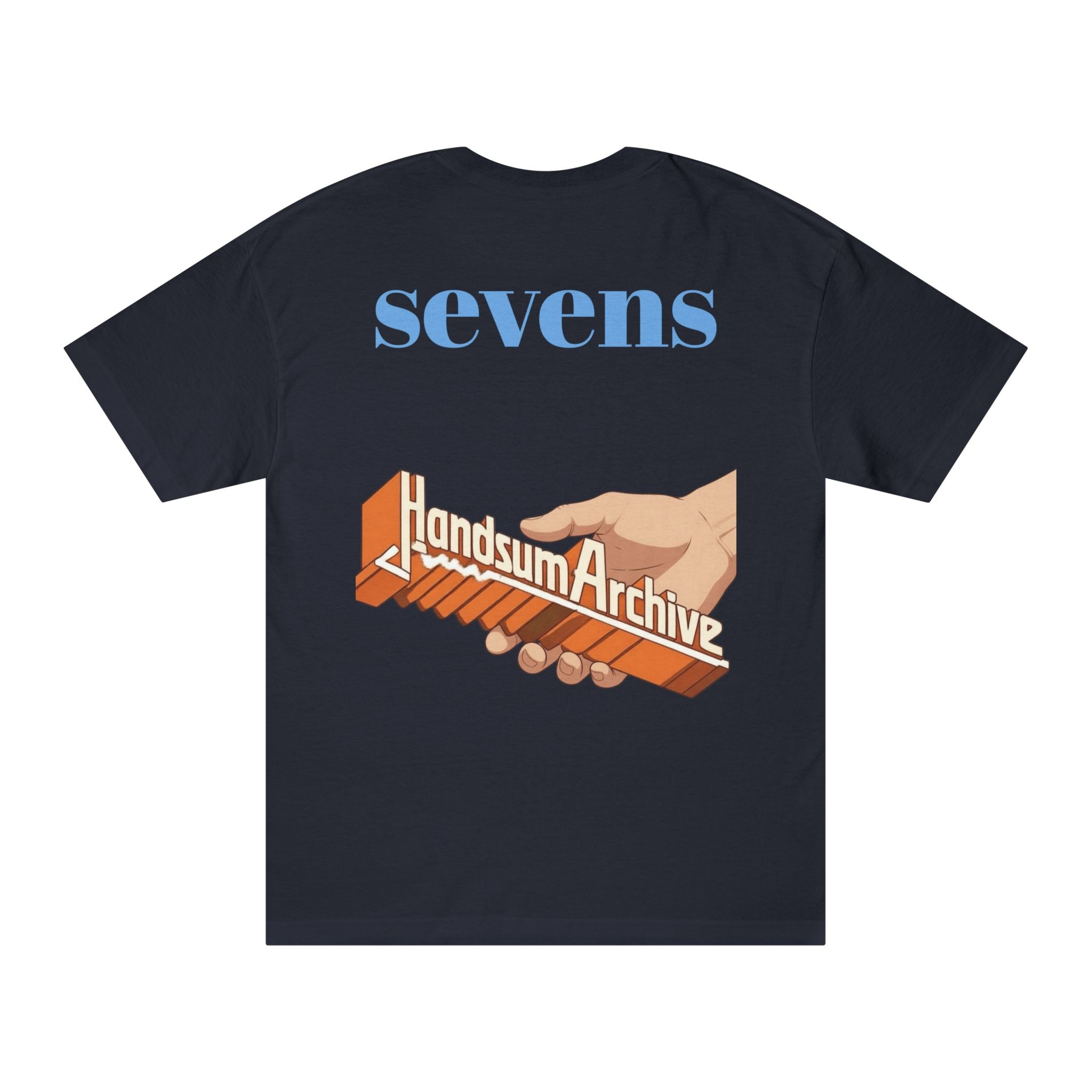 Dark Turbo Tee with 'sevens' and orange archive hand graphic on back