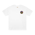 White crewneck tee with small round chest logo patch