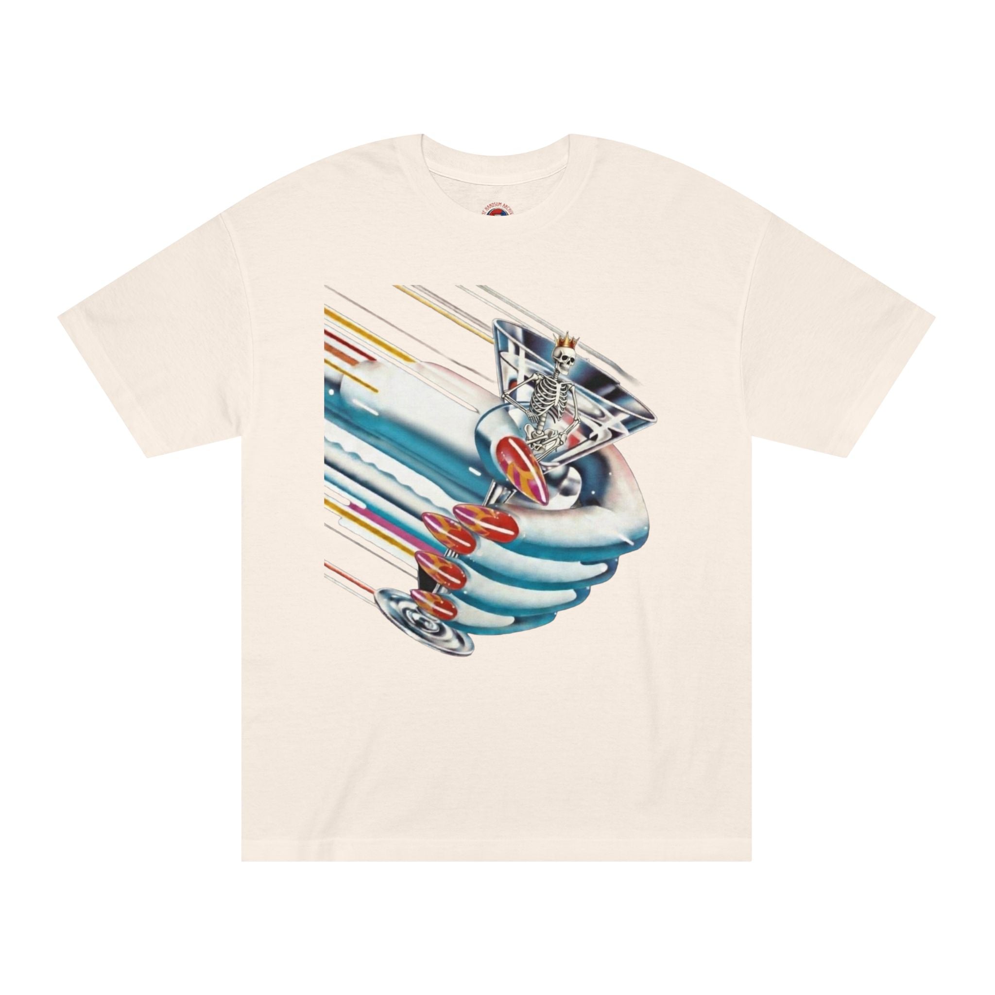 Light-cream Turbo Tee with colorful astronaut and rocket graphic on chest