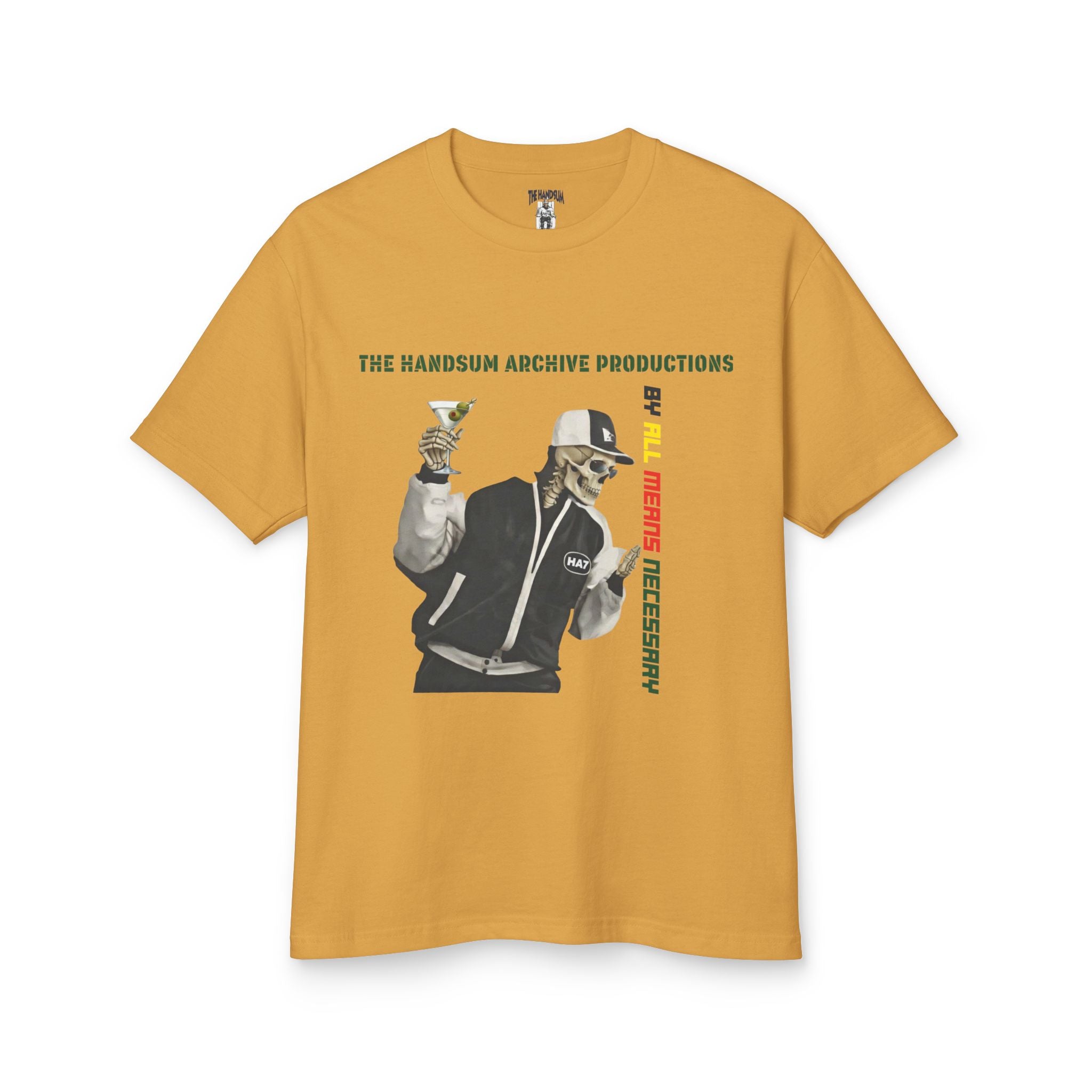 Mustard-brown cotton graphic T-shirt, centered character print on front with vertical red “LIFESTYLE”