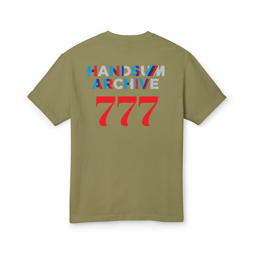 Army green graphic t-shirt with 'HANDSUM ARCHIVE 777' back print, short sleeves