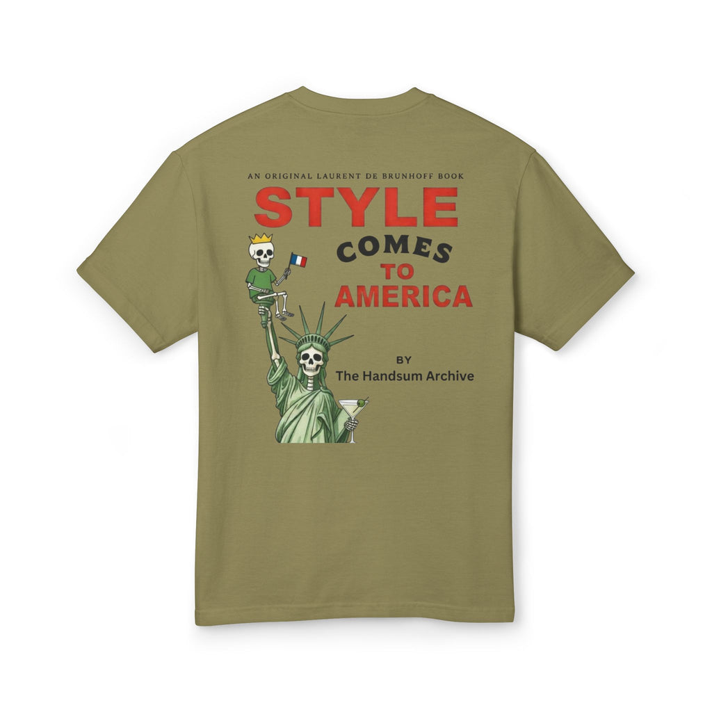 Olive green graphic T-shirt with Statue of Liberty-style back print