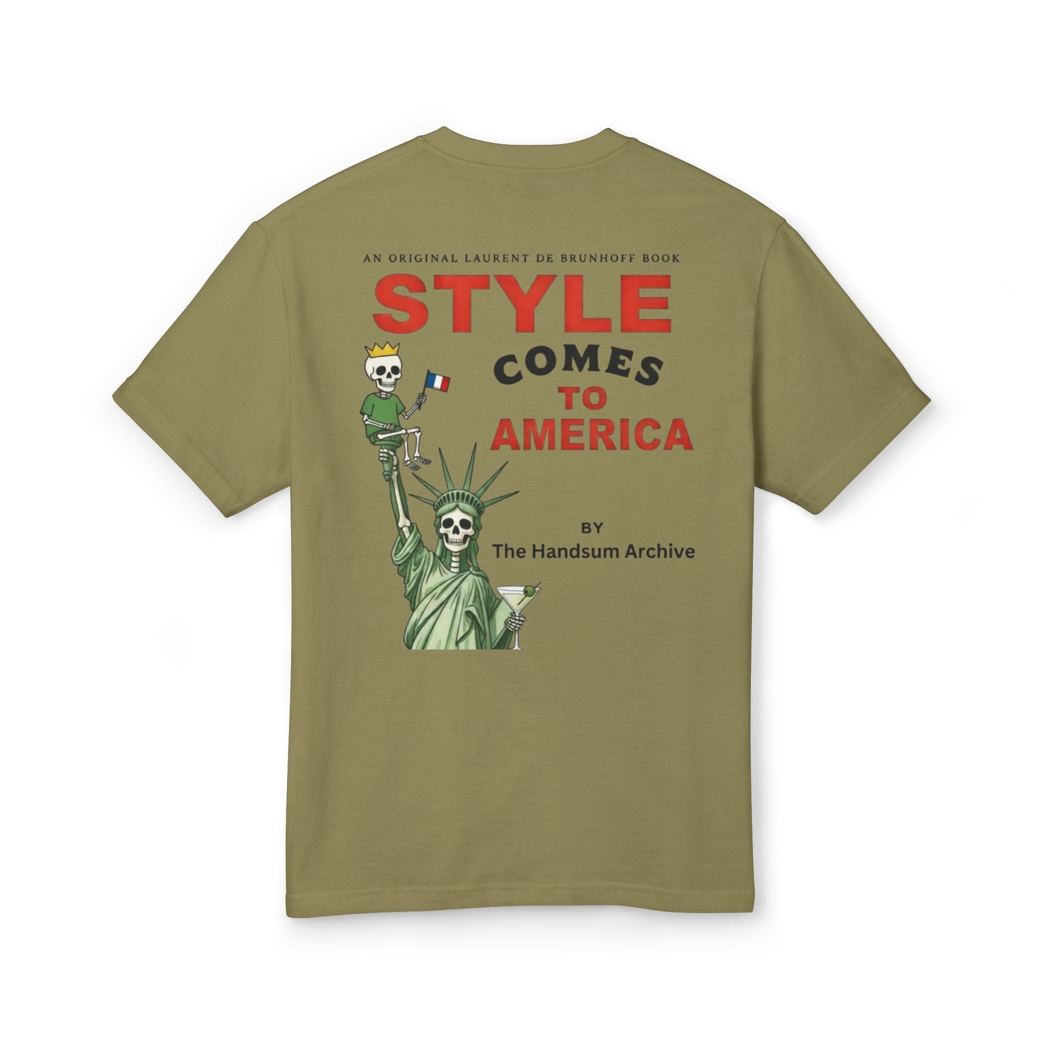 Olive green graphic T-shirt with Statue of Liberty-style back print
