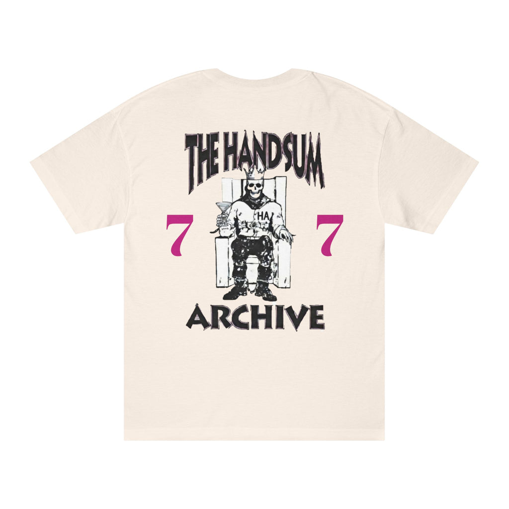 Back of cream T-shirt with “THE HANDSUM ARCHIVE” graphic and purple “7”