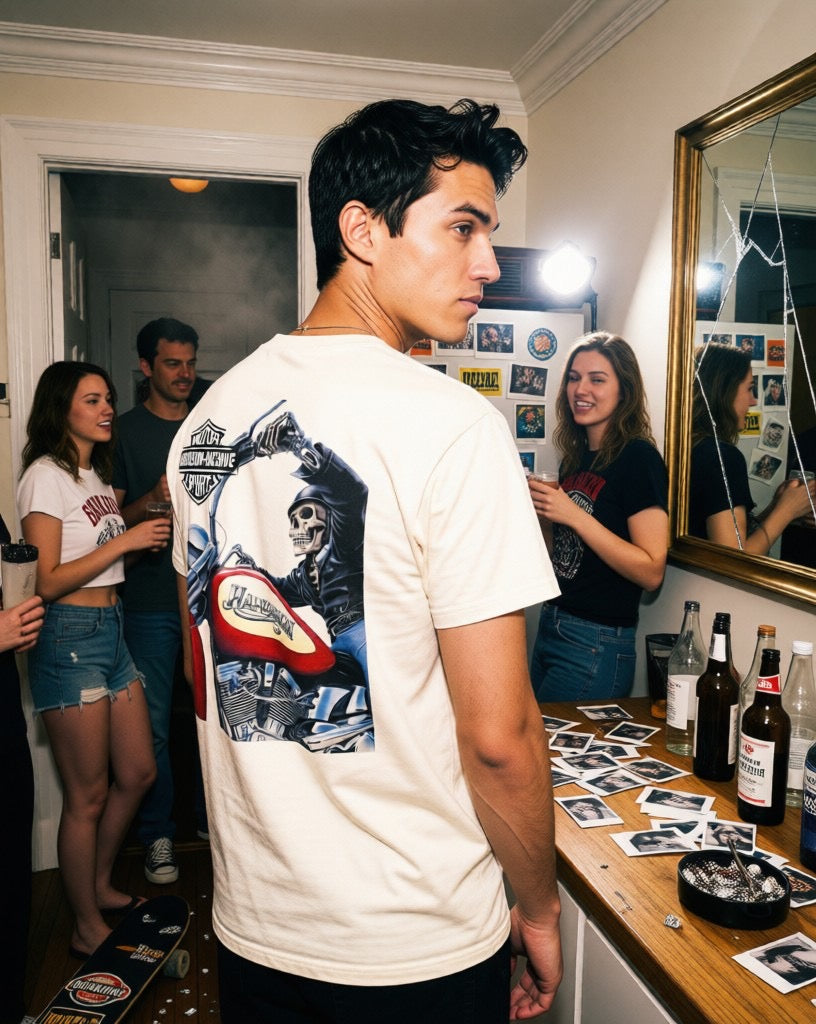 Cream graphic T-shirt back view with motorcycle skull rider illustration