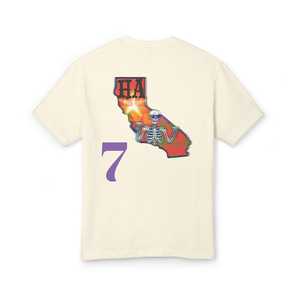 Cream graphic tee with colorful skeleton map art and large purple number 7