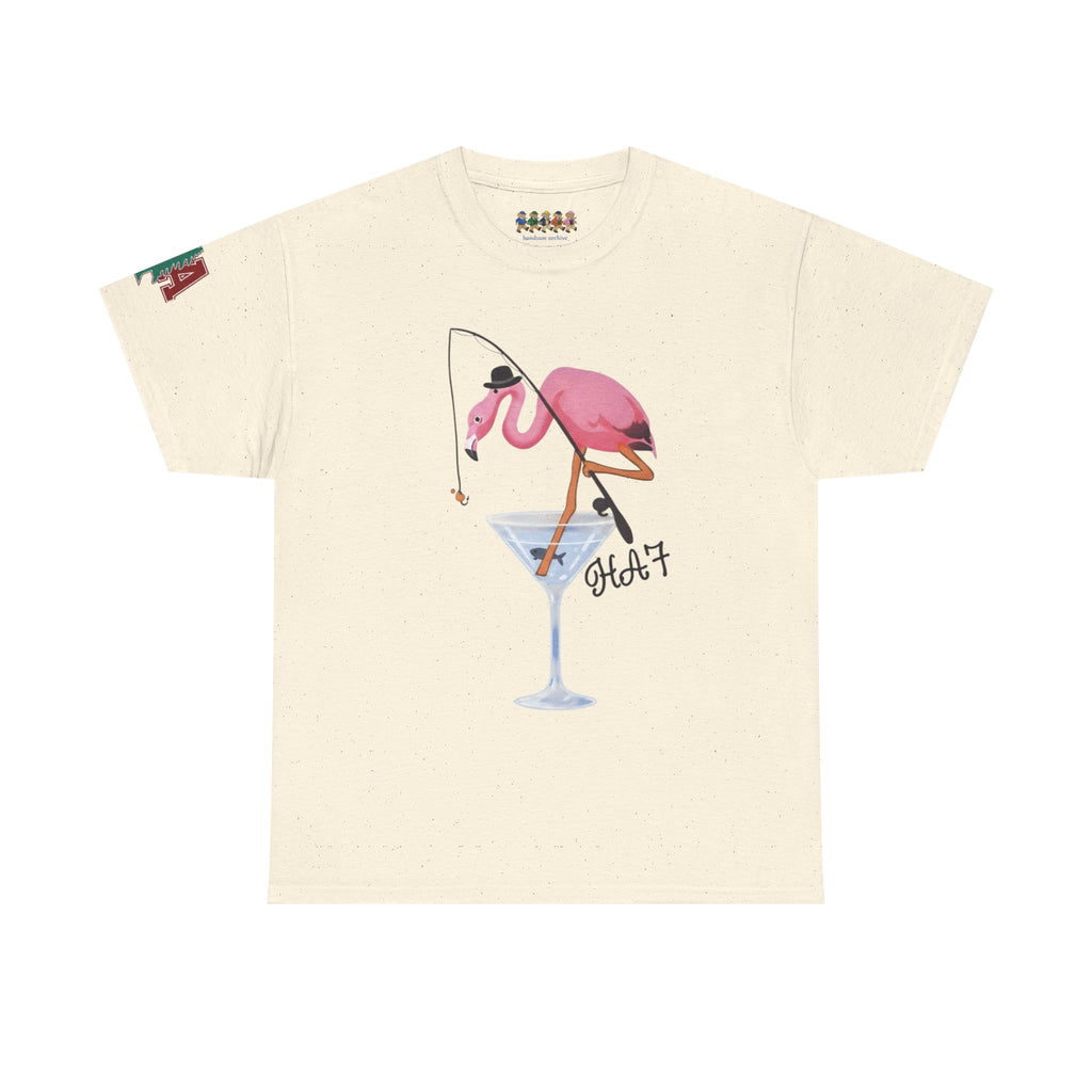 Light beige T-shirt with pink flamingo drinking from a martini glass print.