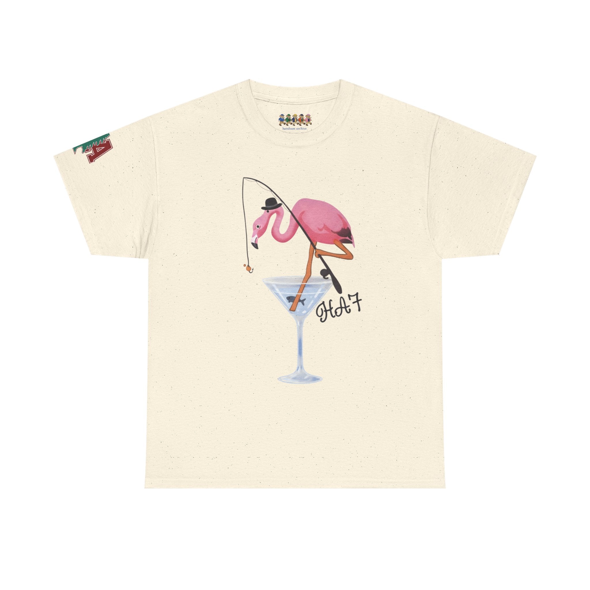 Light beige T-shirt with pink flamingo drinking from a martini glass print.