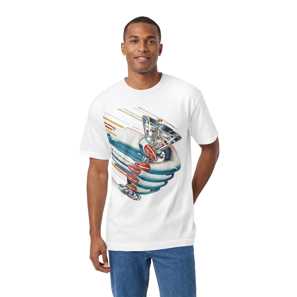 White graphic T-shirt with short sleeves and crew neck on male model