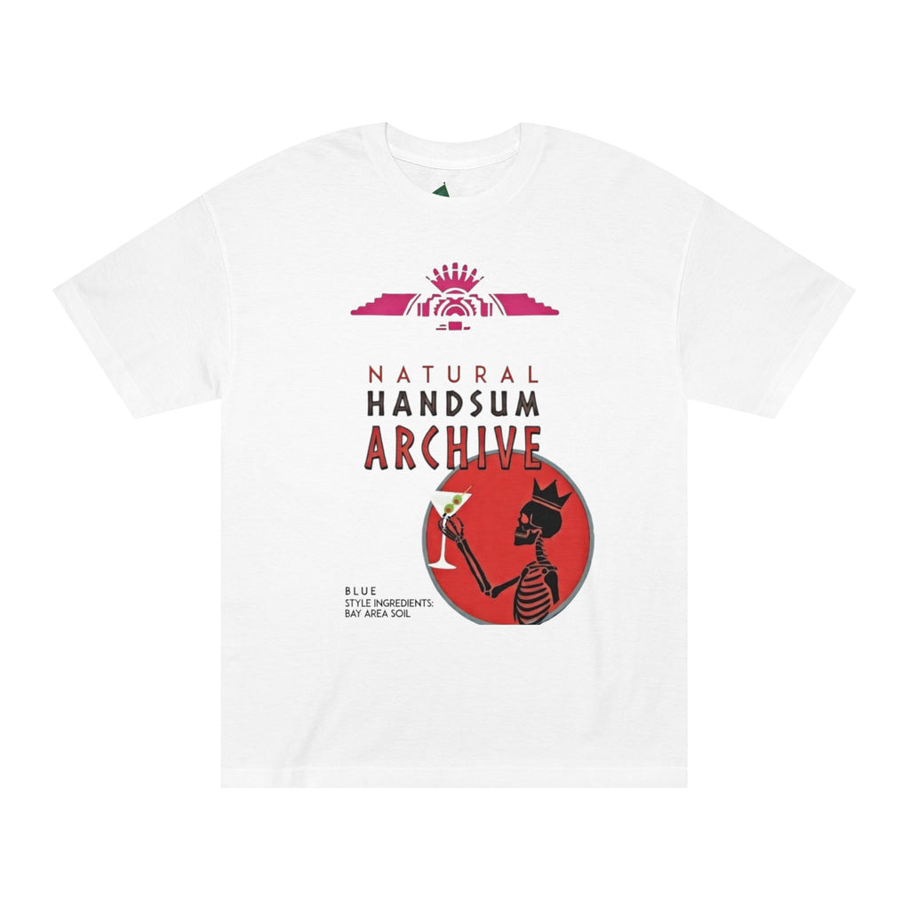 White crewneck tee with Natural Handsum Archive chest graphic and red circle icon