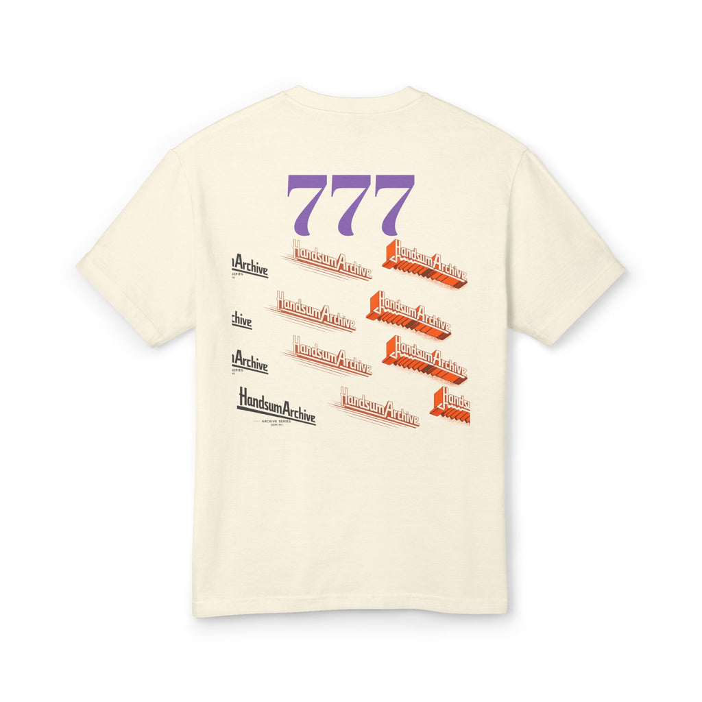 Cream T-shirt back with purple “777” print and repeated “HandsumArchive” logos