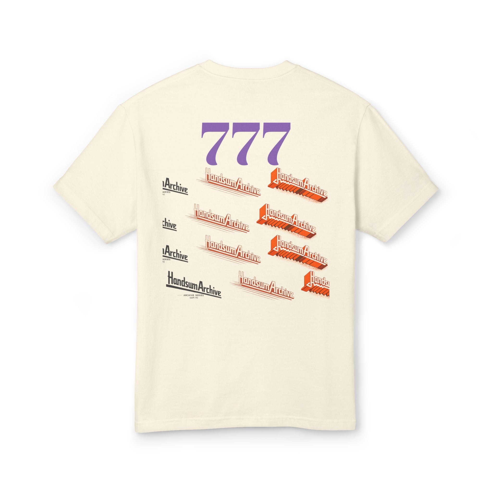 Cream T-shirt back with purple “777” print and repeated “HandsumArchive” logos