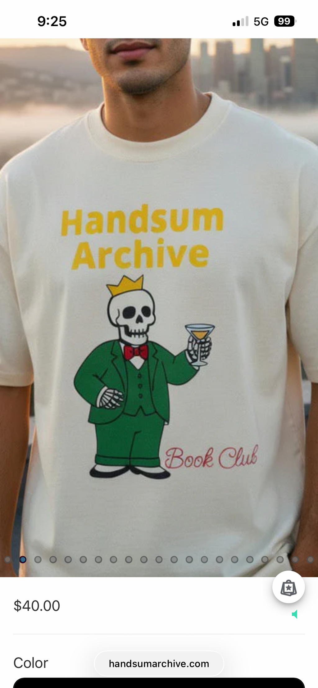 King Babar Tee, cream, front graphic of skull reader with yellow title