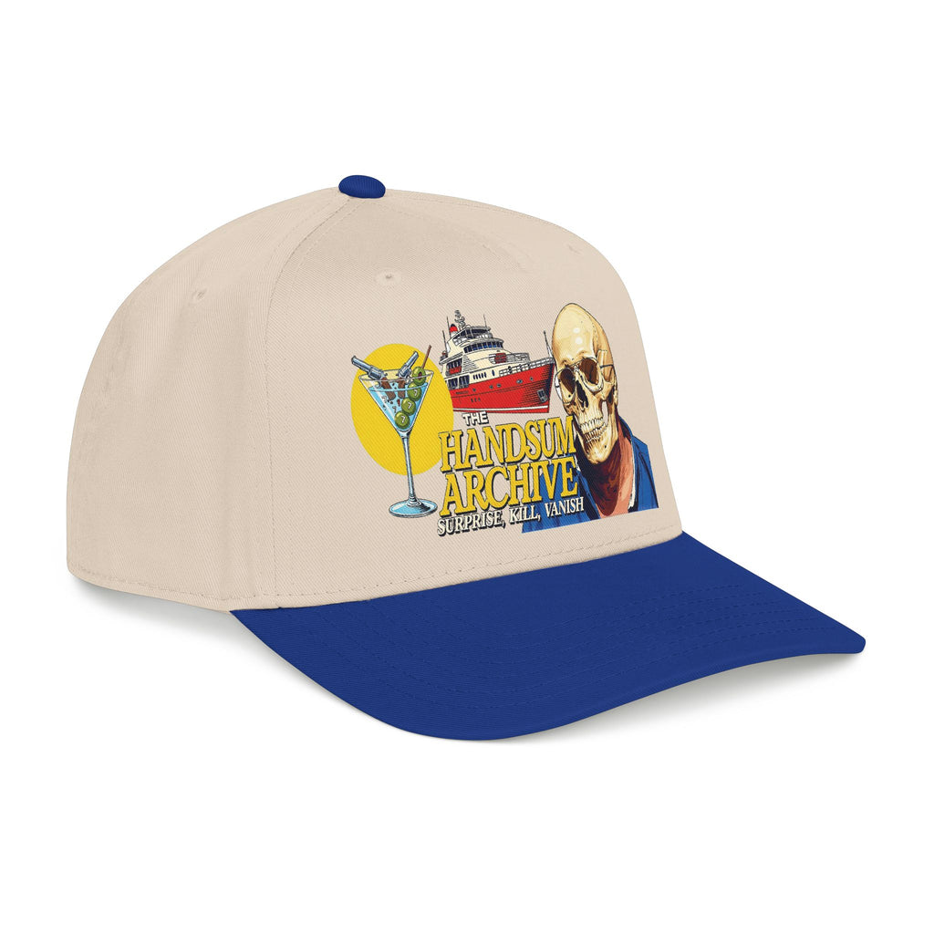 Natural baseball cap with royal blue brim and colorful skull graphic