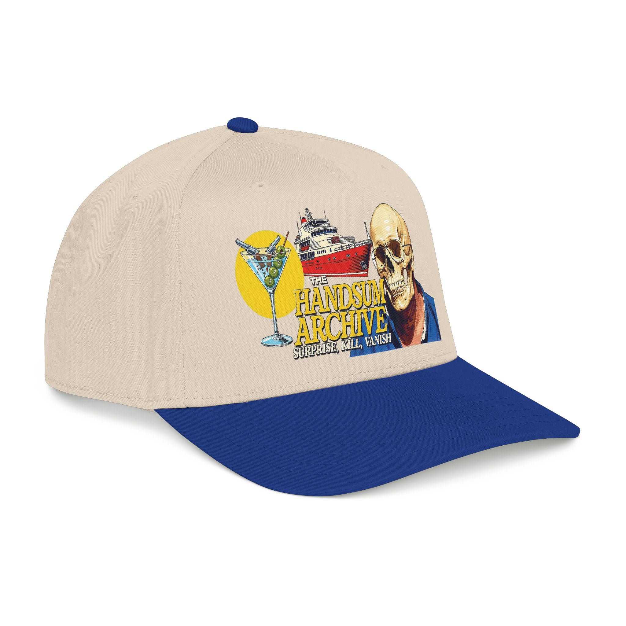 Natural baseball cap with royal blue brim and colorful skull graphic