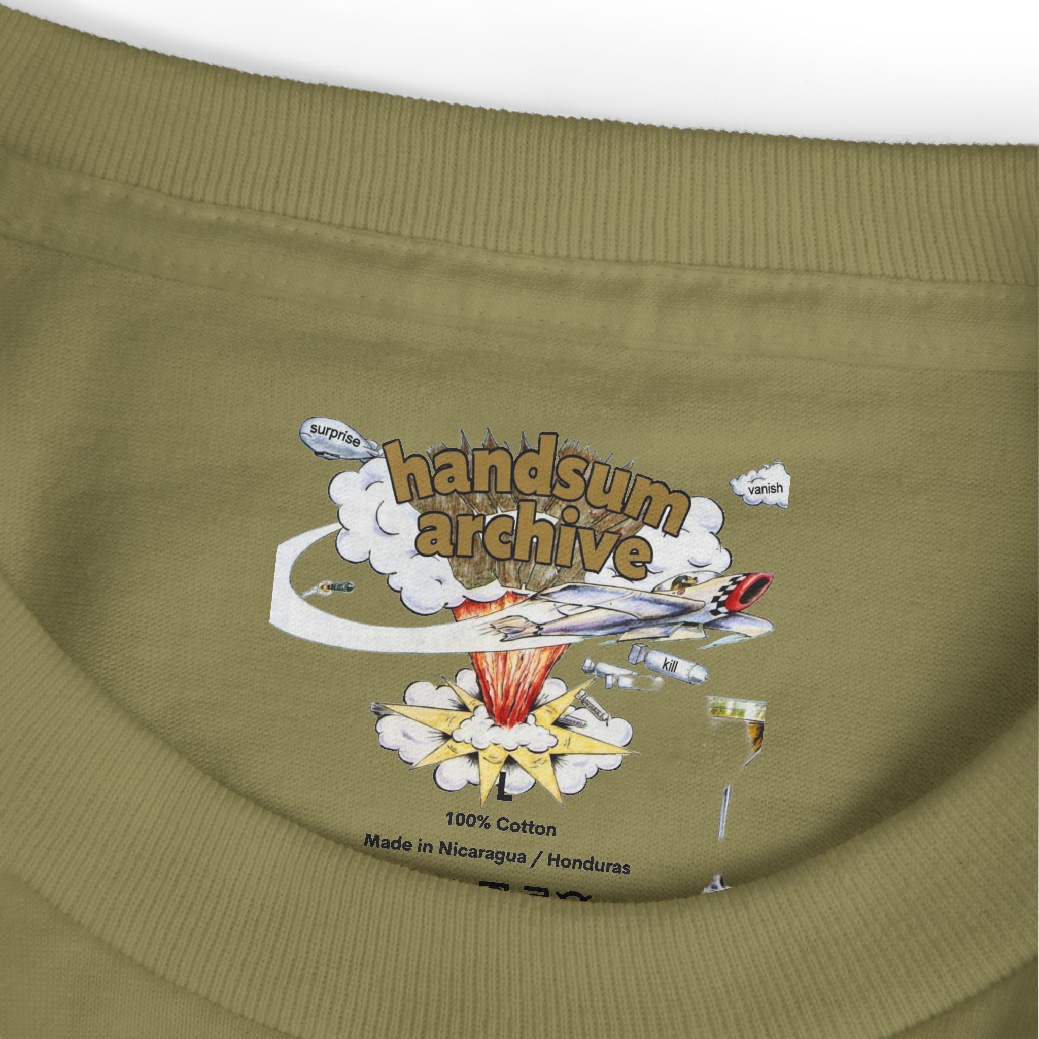 Faded army green generational tee with handsum archive graphic at chest