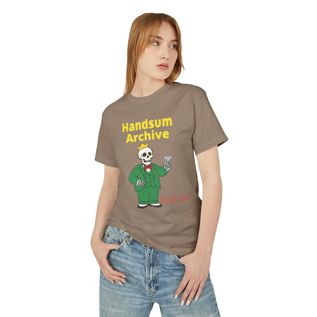 Brown T-shirt with Handsum Archive skull character and drink graphic on the front