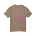 Faded brown T-shirt back with pink text styles upon styles upon and circular logo