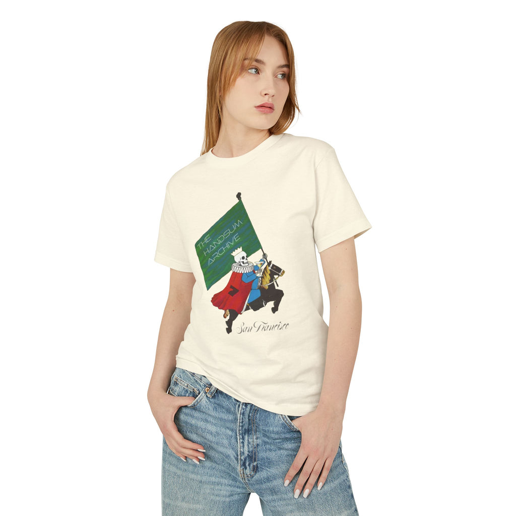 Cream graphic t-shirt with knight character print on front, short sleeves